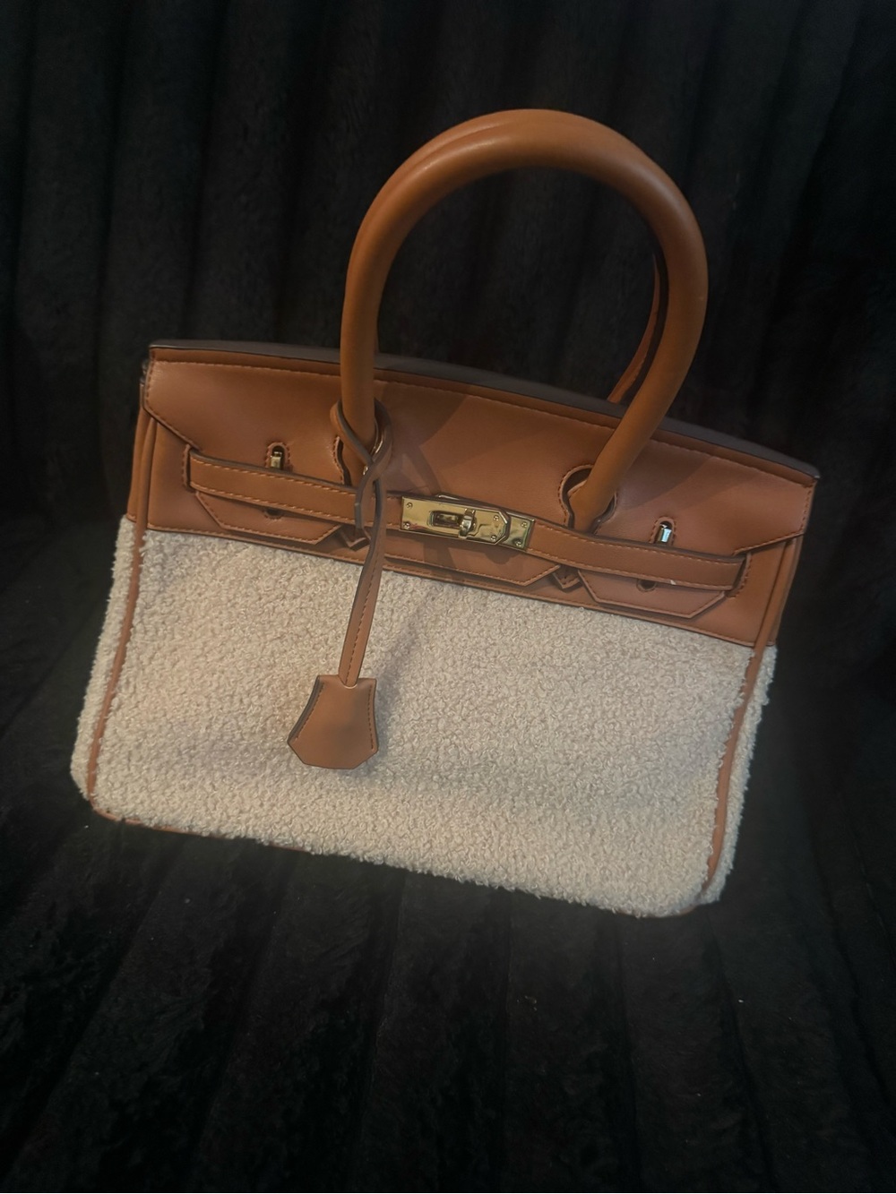 Structured Tan Leather & Cream Shearling Shoulder Bag